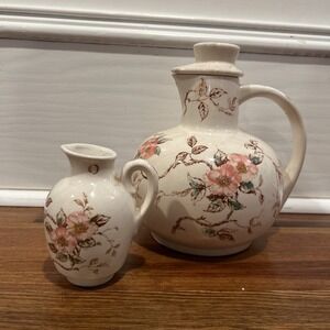 Vtg Nasco Dogwood Floral Design Tea Pot Carafe Water Pitcher Lidded And Creamer